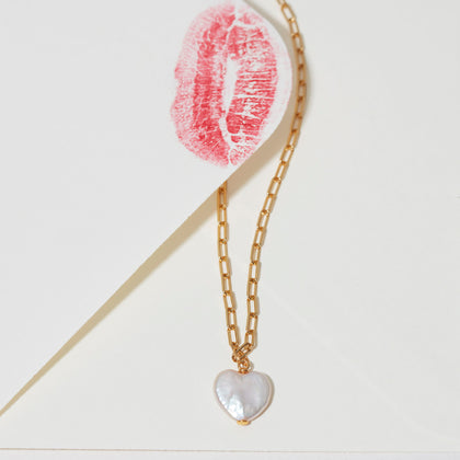 Pearl Heart Paperclip Necklace Silver